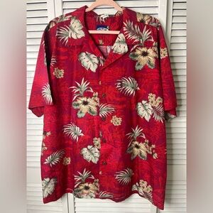 Palm Wave Men's Red Hawaiian Camp Shirt with Tropical Floral Print Size 2XL